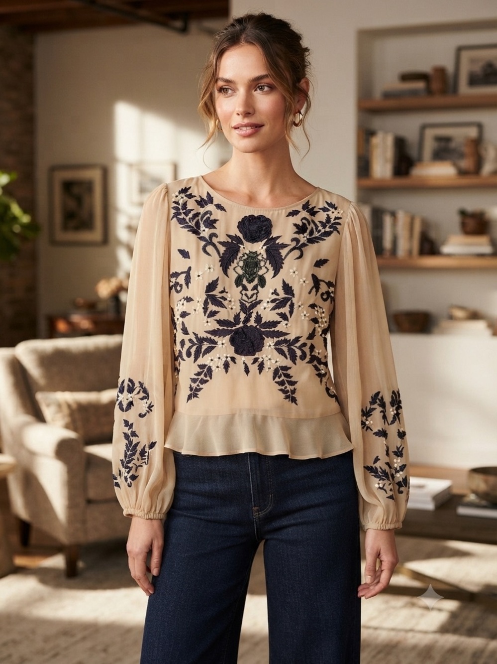 Free People Beige Blouse with open back & blackFloral Embroidery NWT